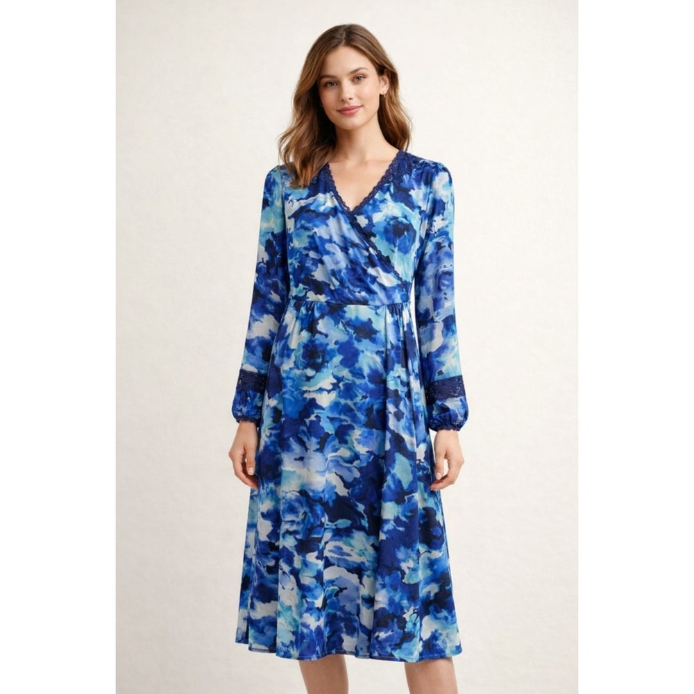 Isaac Mizrahi Live Womens XS Blue Floral Dress Surplice V Neck Lace Trim Sleeve
